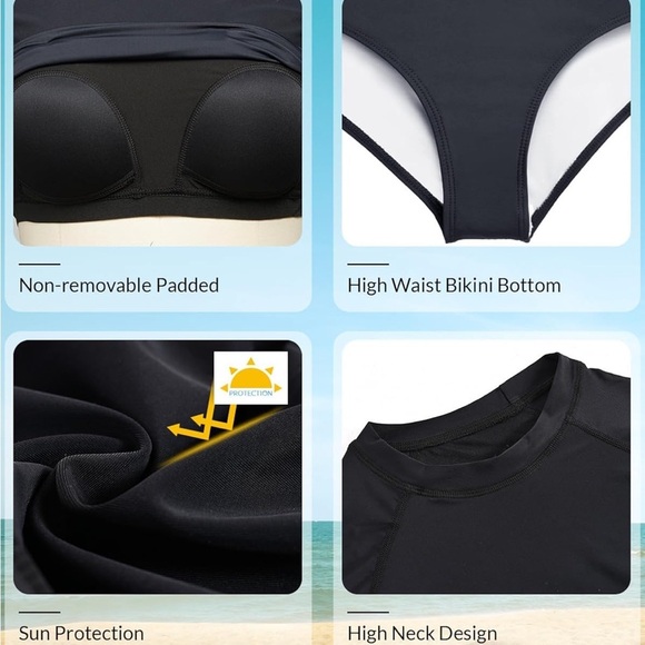 Black Long Sleeve Crop Top rash guard UV UPF 50+ swim shirt with bottoms XS/0247 - Picture 4 of 5